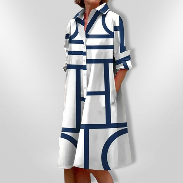 Women's Linen Shirt Dress Geometric Print Midi A-Line Casual Dress