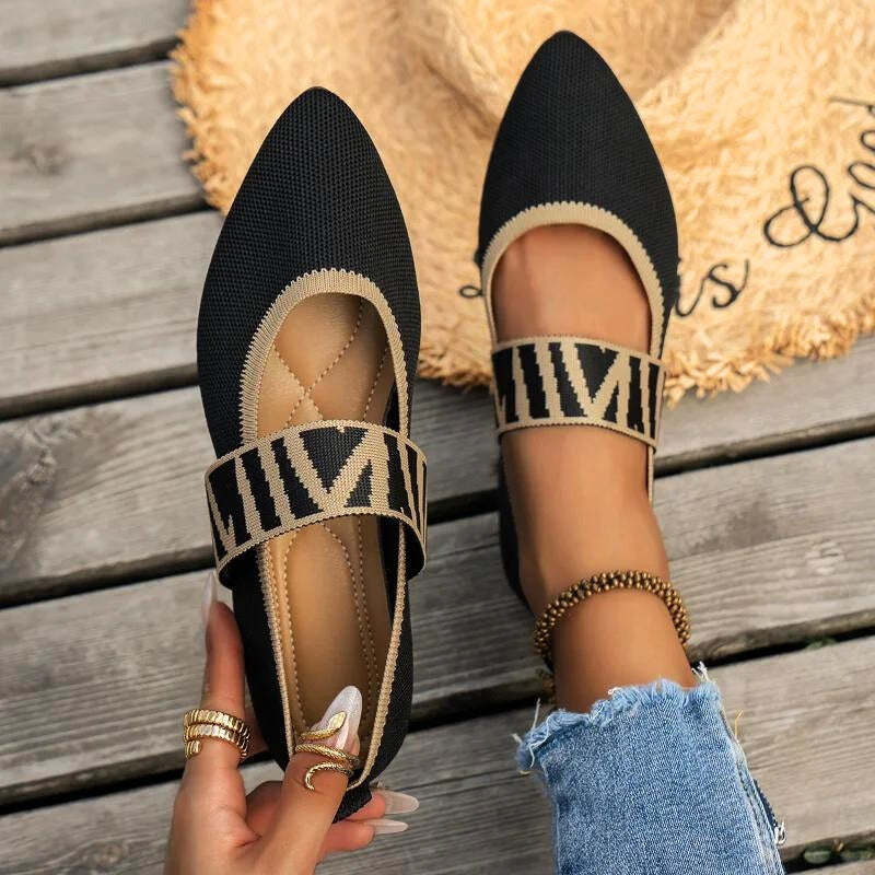Pointed Toe Knit Women's Mary Jane Ballet Flats Slip On Shoes