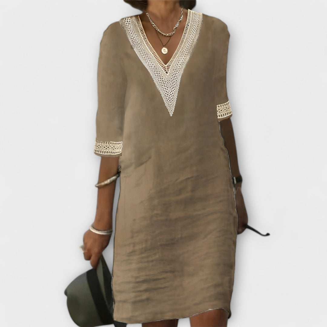 Women Linen V-Neck Crochet Trim 3/4 Sleeve Shift Dress