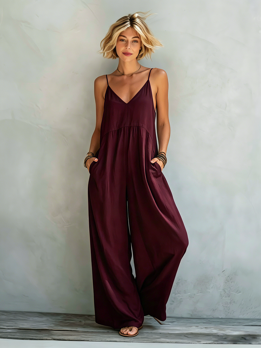 Women's Linen Blend Spaghetti Strap Sleeveless Wide-Leg Jumpsuit