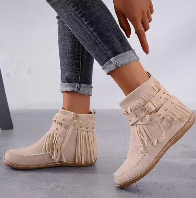 Women's Suede Fringe Ankle Boots Flat Moccasin Booties