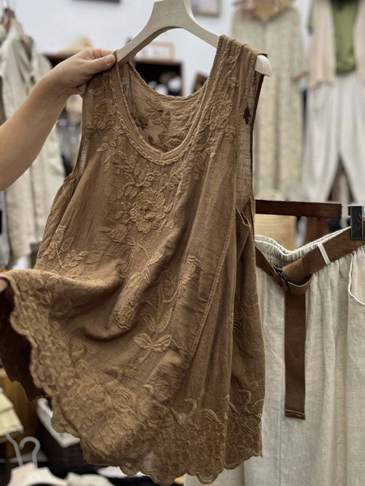 Women's Embroidered Linen Tank Top Sleeveless Blouse