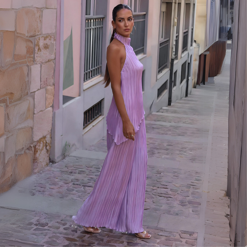Women’s Linen Blend Halter Top & Wide-Leg Trouser Set