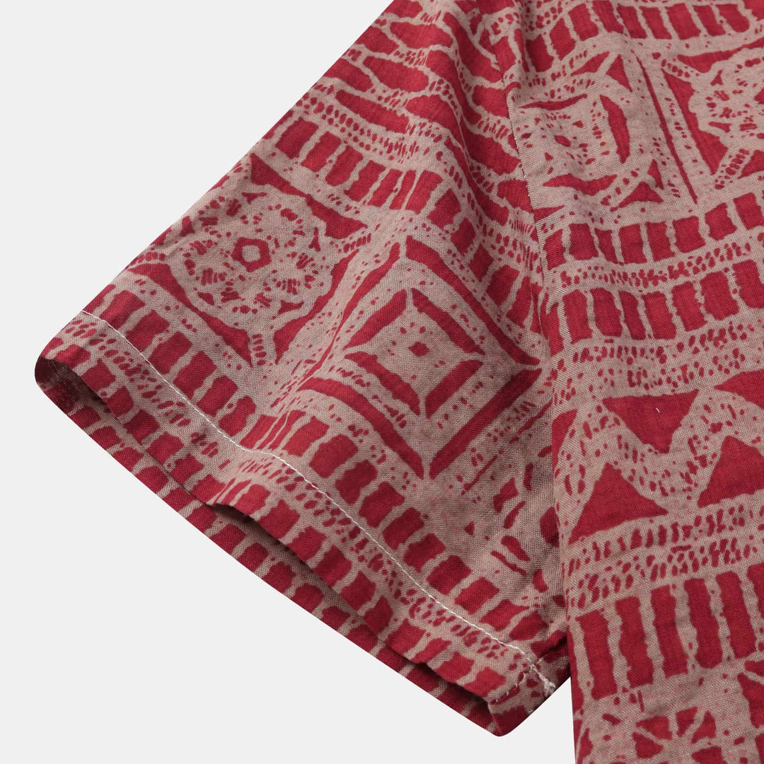 Męska lniana koszula casualowa z krótkim rękawem, w stylu vintage, z etnicznym wzorem, zapinana na guziki