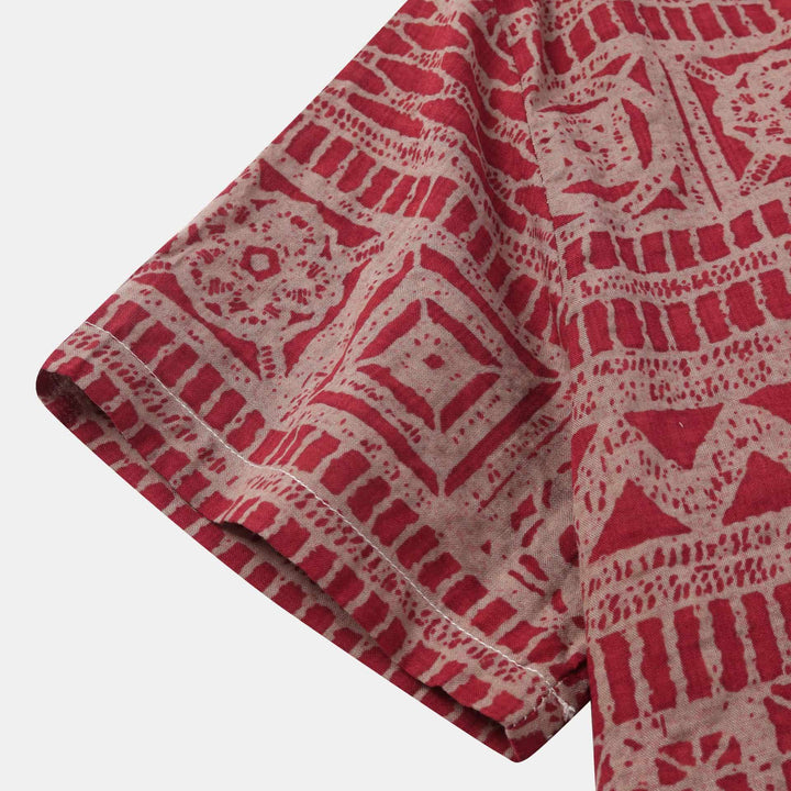 Męska lniana koszula casualowa z krótkim rękawem, w stylu vintage, z etnicznym wzorem, zapinana na guziki