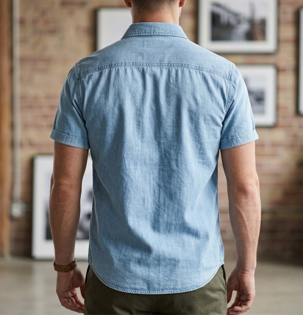 Men's Denim Short Sleeve Button Down Linen Shirt