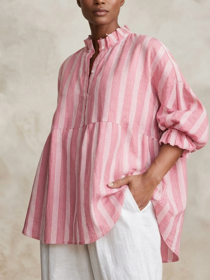 Women's Striped V-Neck Ruffle Trim Lantern Sleeve Top