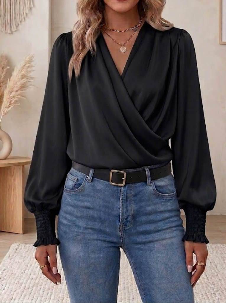 Women's Silk Satin Wrap Front Blouse Long Sleeve V Neck Shirt