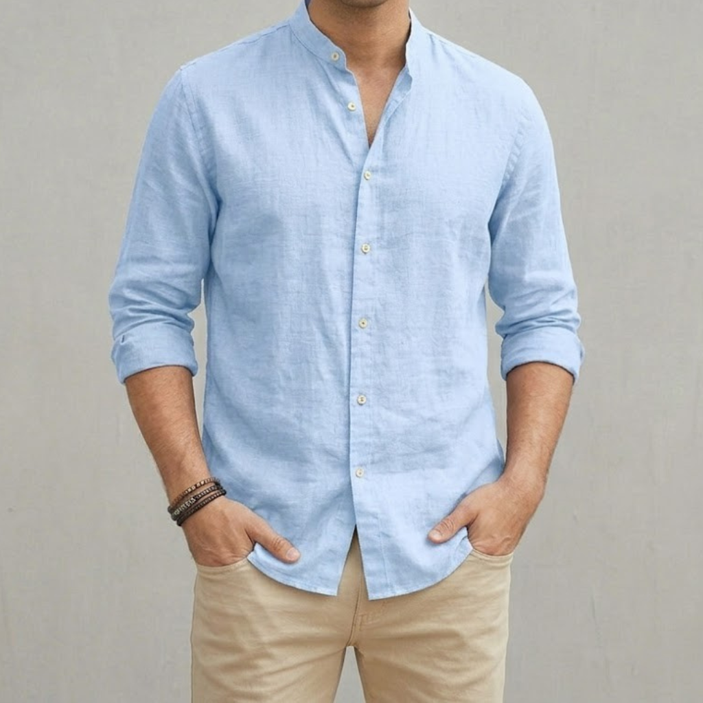 Linen Shirt Men's Grandad Collar Long Sleeve Casual Top