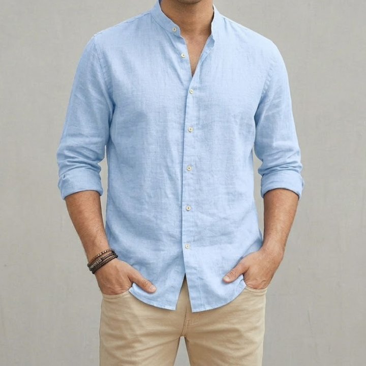 Linen Shirt Men's Grandad Collar Long Sleeve Casual Top