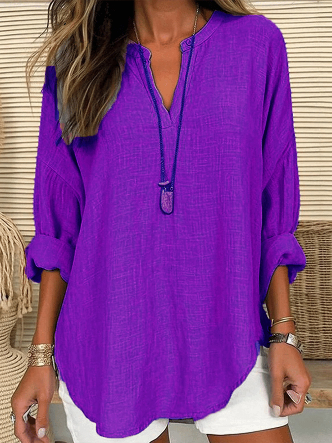 Linen V-Neck Women's Long Sleeve Tunic Blouse Tops