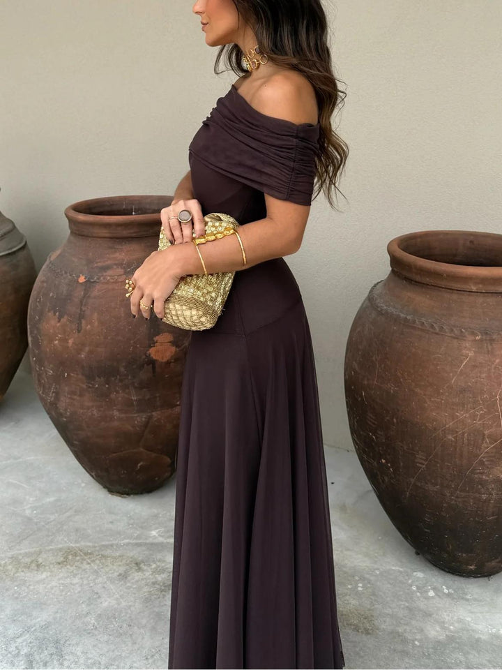 Women's Off Shoulder Chiffon A Line Party Evening Maxi Dress