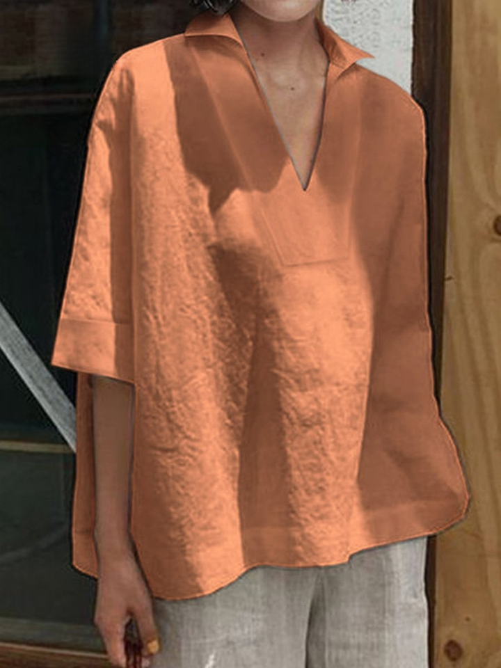 Women's Linen Blouse V-Neck Loose Fit Tunic Top