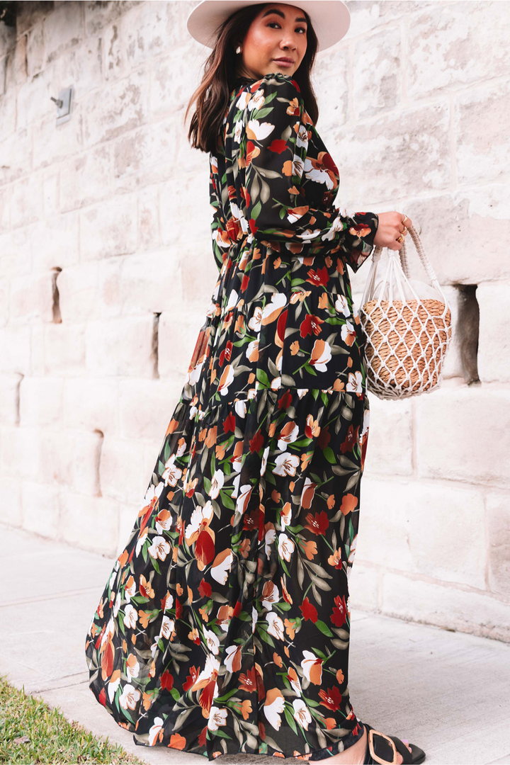 Women's Chiffon Floral V Neck Long Sleeve Maxi Dress