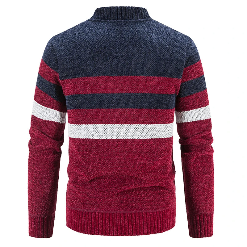 Men's Merino Wool Knit Cardigan Striped Zipper Sweater