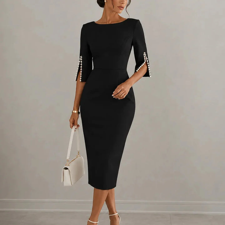 Women Crepe Pearl Sleeve Slim Fit Pencil Midi Dress
