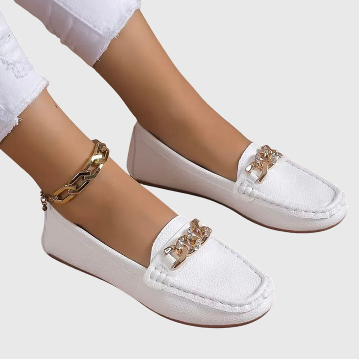 Women's Leather Loafers Chain Flat Shoes Moccasins Slips On