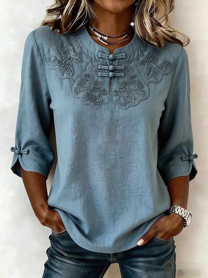 Women's Linen Embroidered Casual Three Quarter Sleeve Top