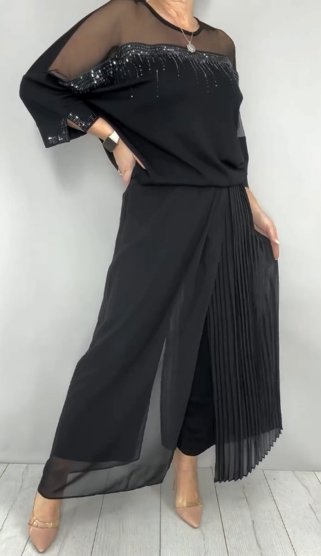 Ensemble pantalon de soirée élégant 2 pièces pour femme en mousseline et tulle