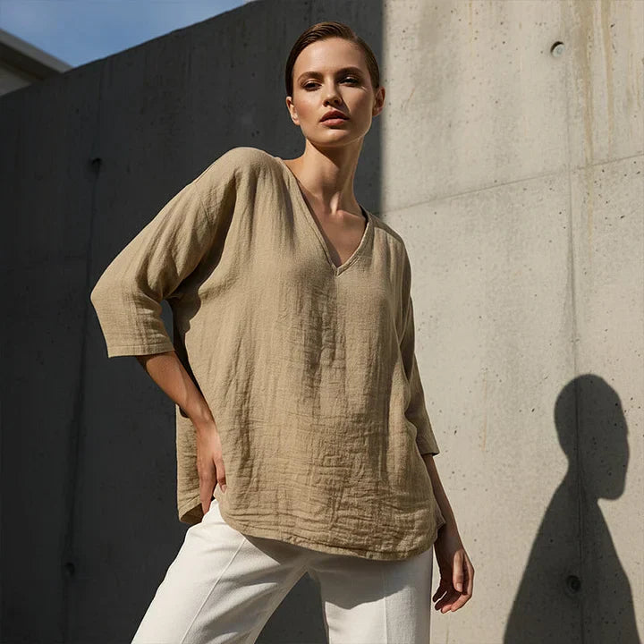 Women's V-Neck Linen Blouse Long Sleeve Top