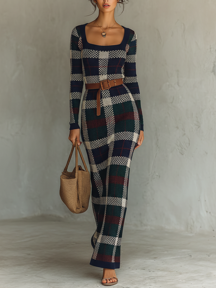Women's Long Sleeve Knit Plaid Slim Fit Maxi Dress