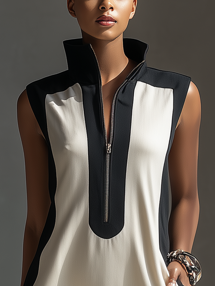 Women's Sleeveless Mini Dress Zip Up Stand Collar Shift Dress