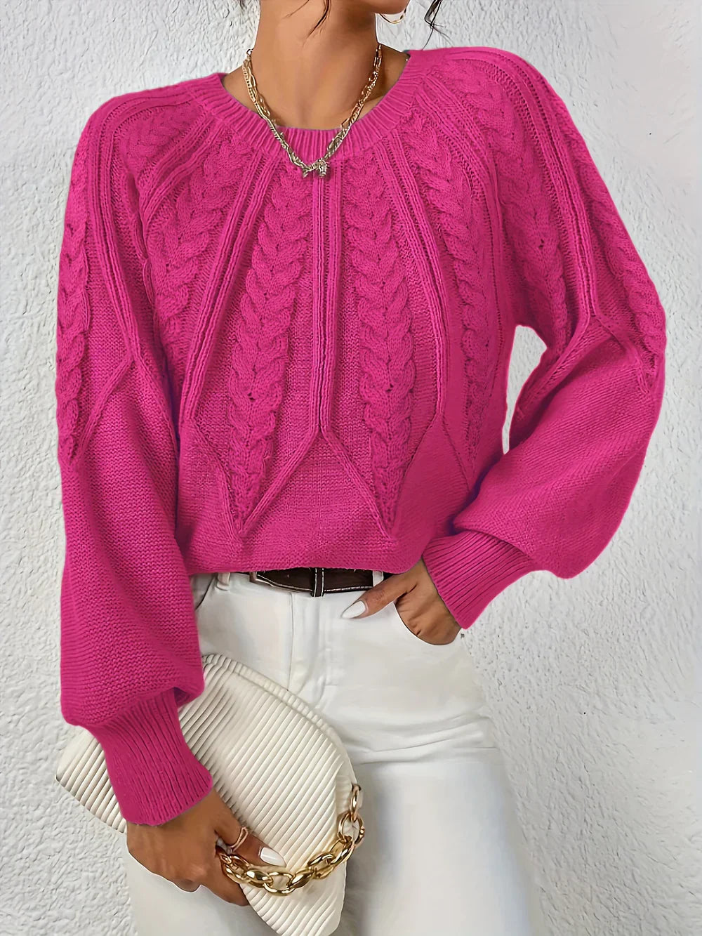 Women's Knit Jumper Cable Crew Neck Wool Mix Pullover Sweater