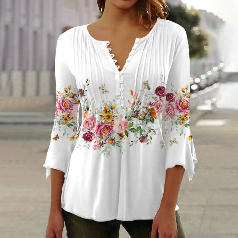 Women's Linen Floral Blouse V Neck 3/4 Sleeve Top
