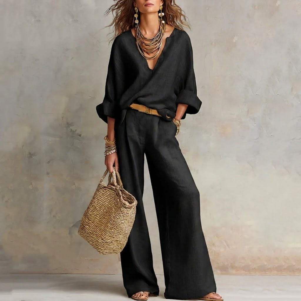 Ensemble deux pièces composé d’un chemisier en lin pour femme et d’un pantalon palazzo à jambes larges