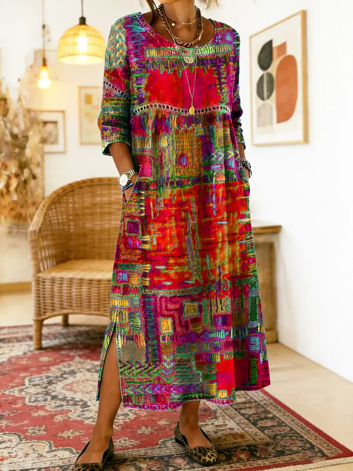 Women's Linen Blend Geometric Print Round Neck Long-Sleeve Midi Dress