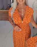 Women's Rayon Animal Print V-Neck Short-Sleeve Wrap Maxi Dress