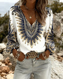 Blouse bohème en lin à col en V pour femme, manches longues, tunique décontractée