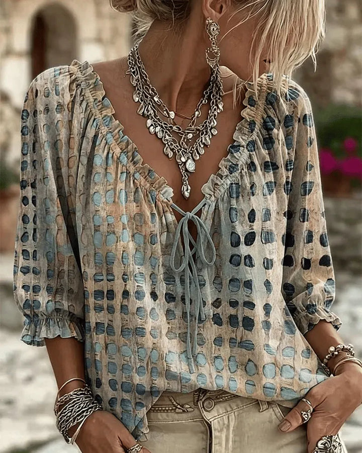 Women's Blouse Linen Boho V-Neck Long Sleeve Patterned Tunics