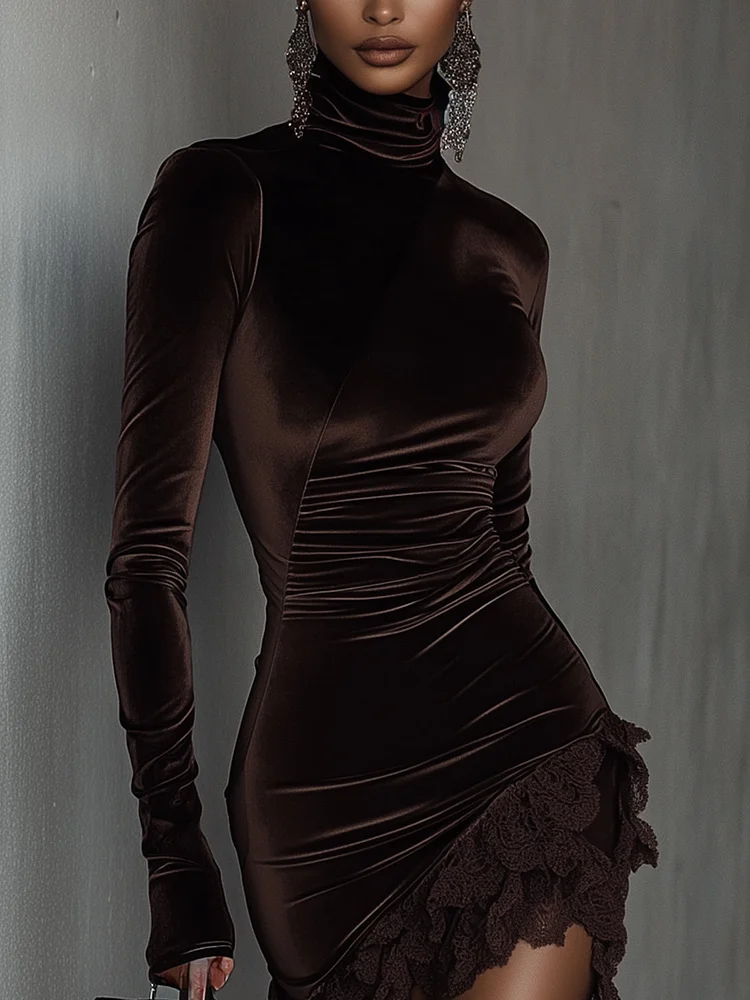 Robe en velours pour femme à manches longues et col roulé