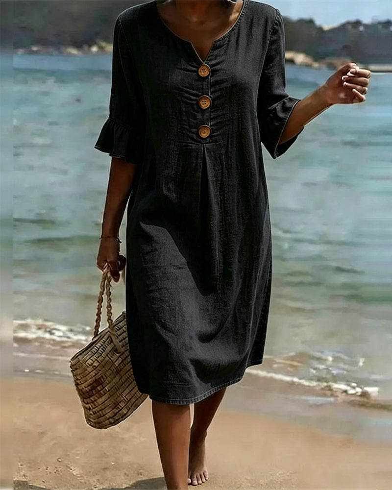 Linen V Neck Flute Sleeve Midi Dress for Women