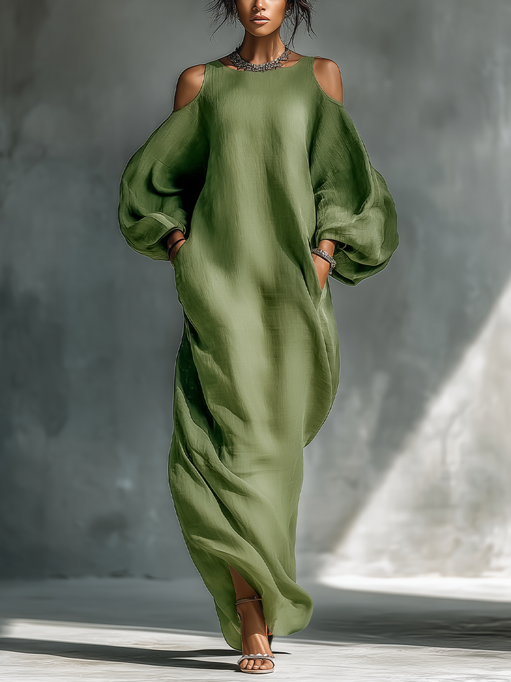 Women's Linen Cold Shoulder Balloon Sleeve Maxi Dress
