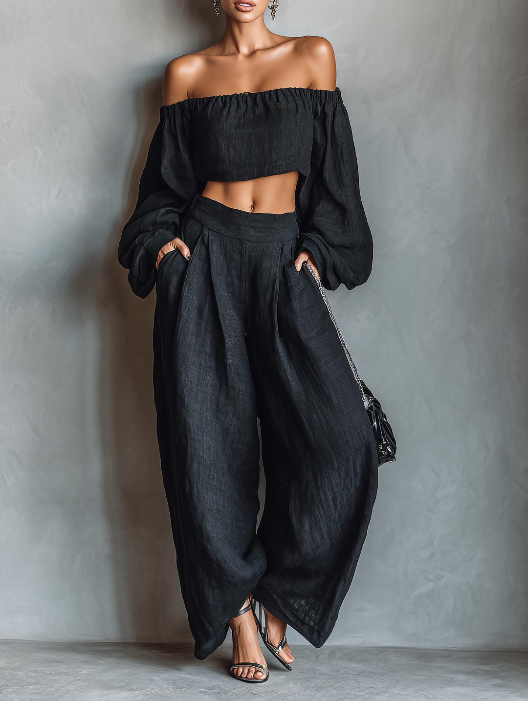 Women's Linen Blend Off-Shoulder Long Sleeve Crop Top & Wide-Leg Pants Set