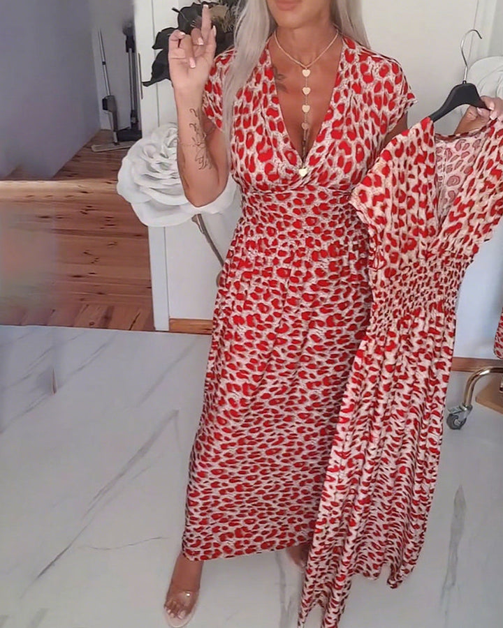 Women's Rayon Animal Print V-Neck Short-Sleeve Wrap Maxi Dress