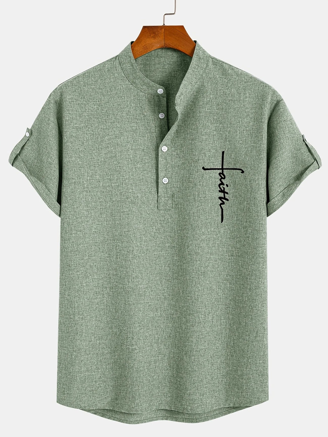 Men Henley Linen Shirt Casual Short Sleeve Cross Graphic Tee