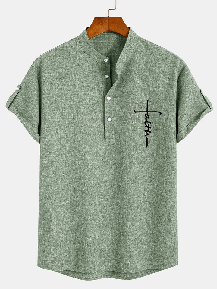 Men Henley Linen Shirt Casual Short Sleeve Cross Graphic Tee