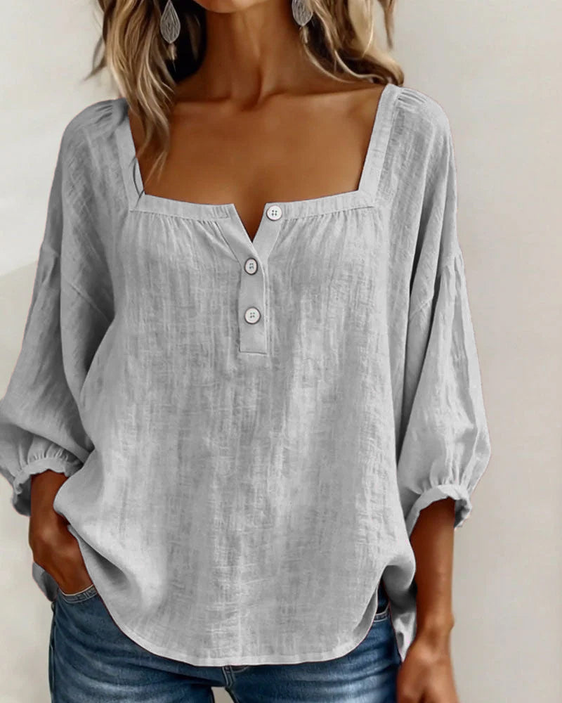 Women's Linen Blouse Square Neck Long Sleeve Casual Top Shirt