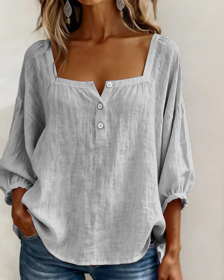 Women's Linen Blouse Square Neck Long Sleeve Casual Top Shirt