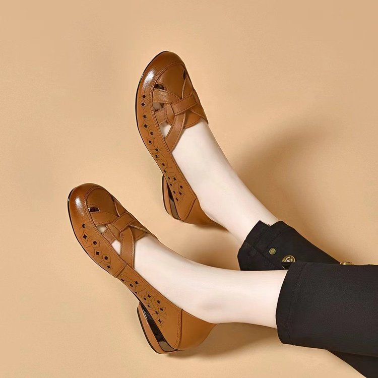 Women's Leather Loafers Block Heel Slip On Shoes
