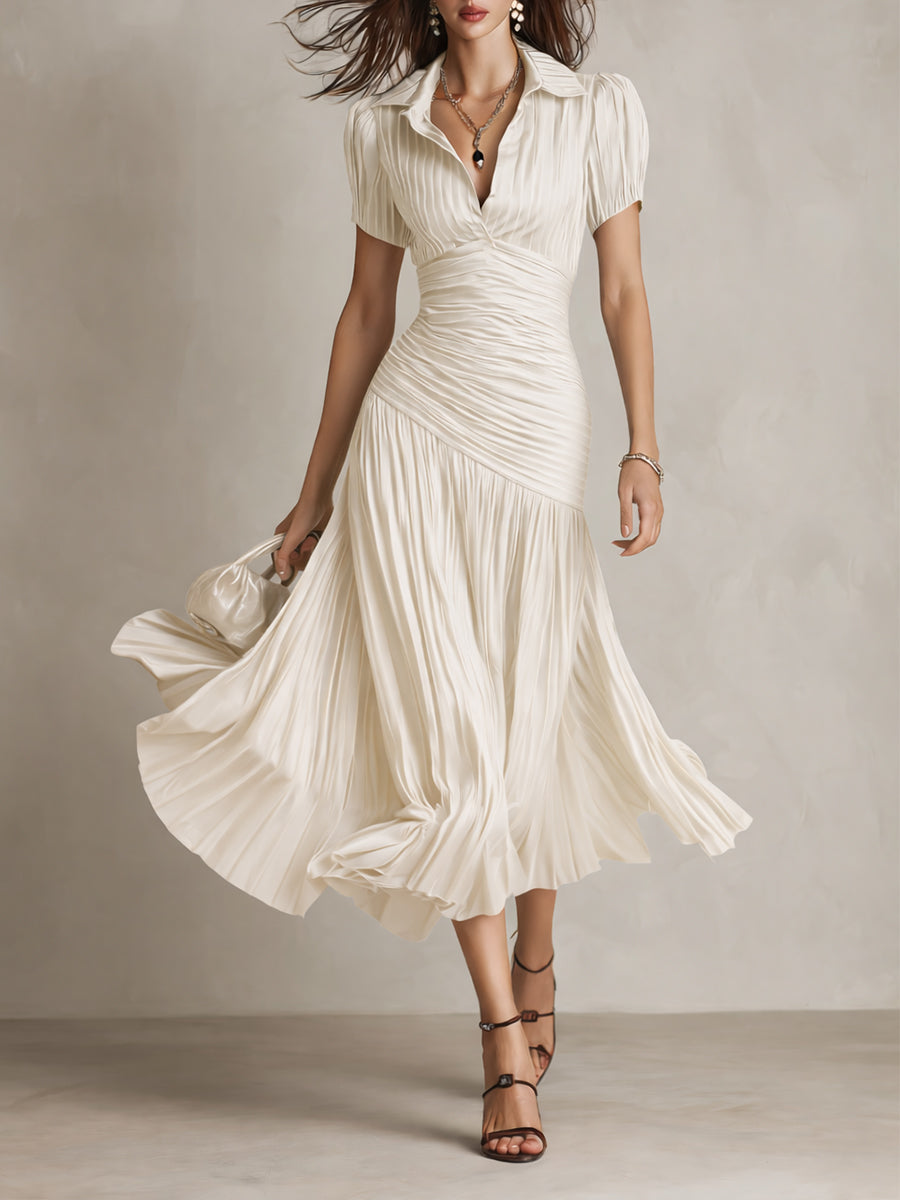 Women's Satin V-Neck Pleated Midi Dress