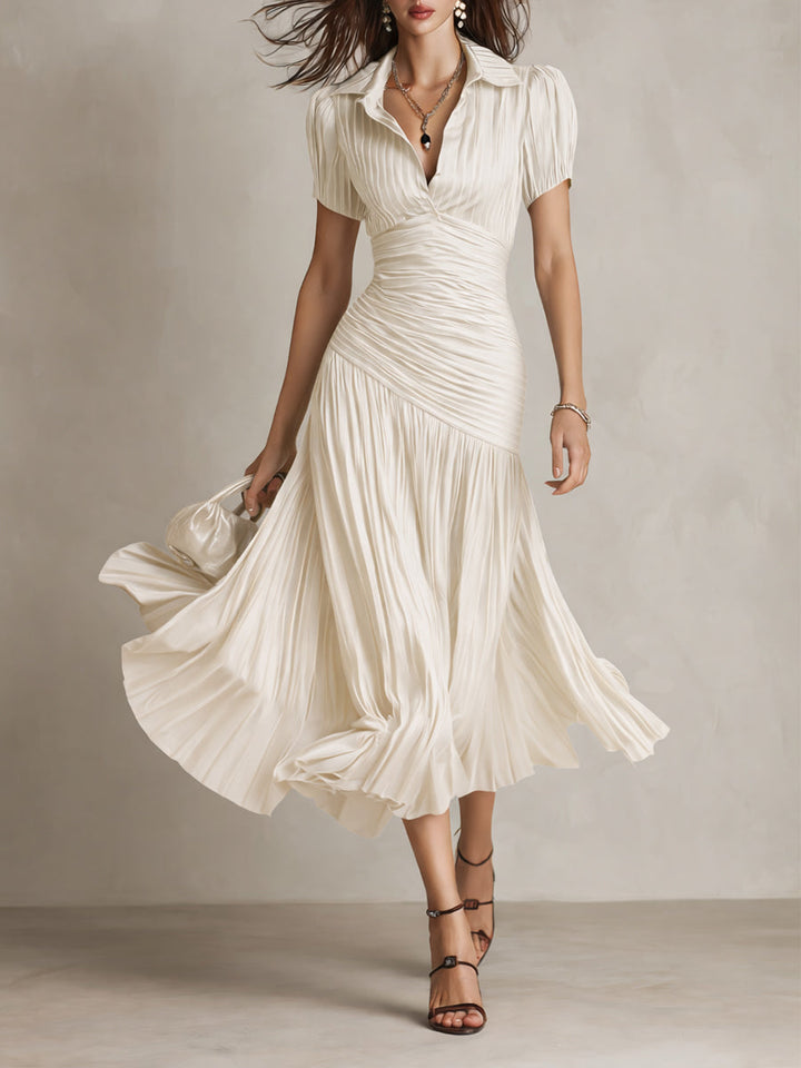 Women's Satin V-Neck Pleated Midi Dress