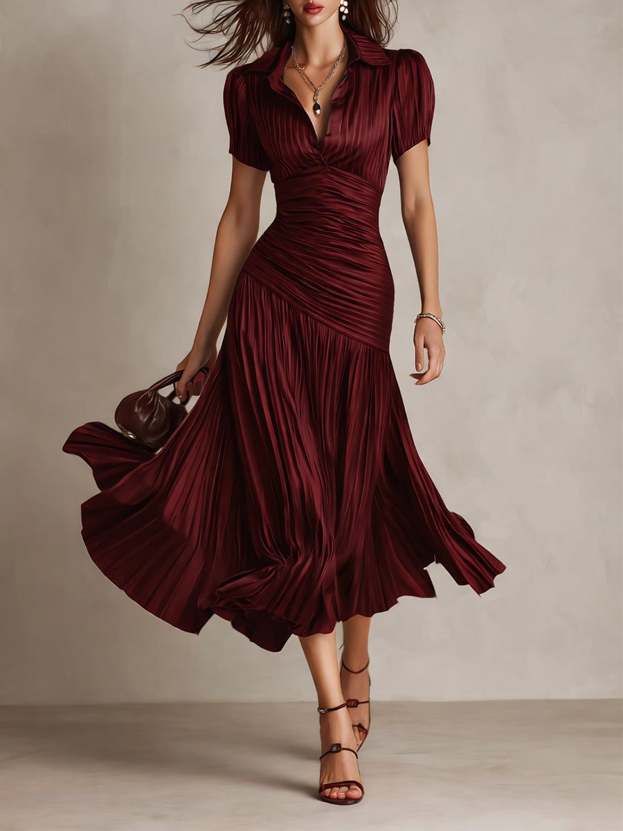 Women's Satin V-Neck Pleated Midi Dress