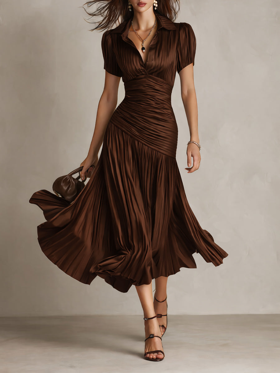 Women's Satin V-Neck Pleated Midi Dress