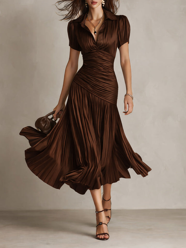 Women's Satin V-Neck Pleated Midi Dress