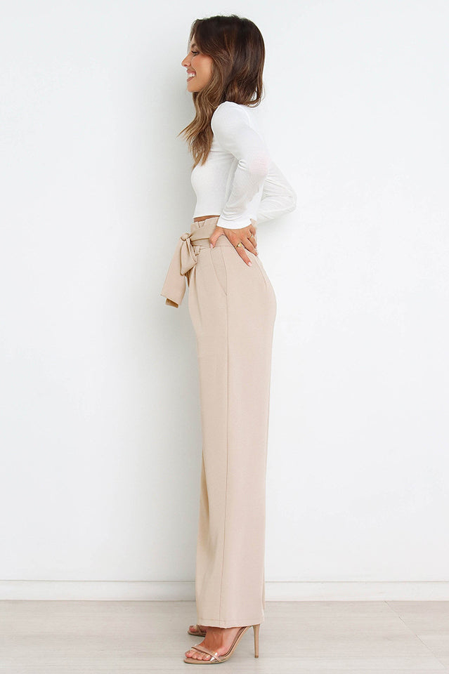 Women's High Waist Wide Leg Linen Trousers with Belt