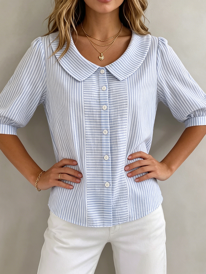 Women's Striped Blouse Linen Top Short Sleeve Casual Shirt